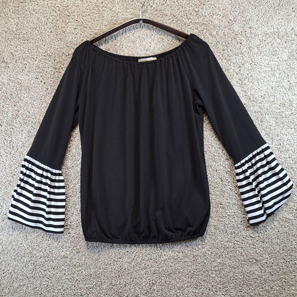 Michael Kors Blouse Womens XS Black Striped Bell Sleeve Off Shoulder Chic Boho